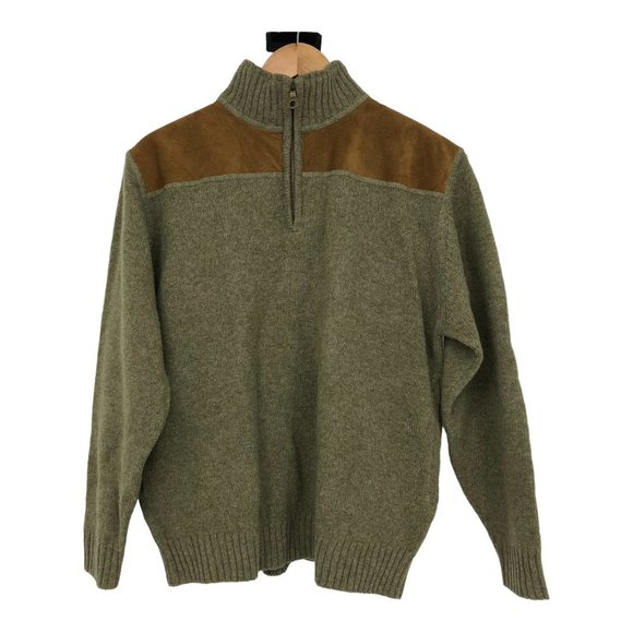 Pendleton Shetland Wool Olive Green Quarter Zip suede elbow patch sweater SP - Picture 3 of 16